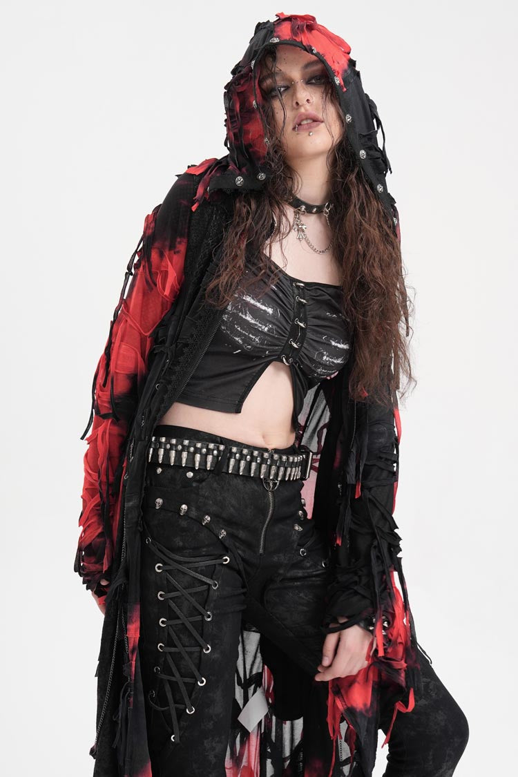 Crimson & Noir Long Sleeve Lace Distressed Zippered Punk Coat