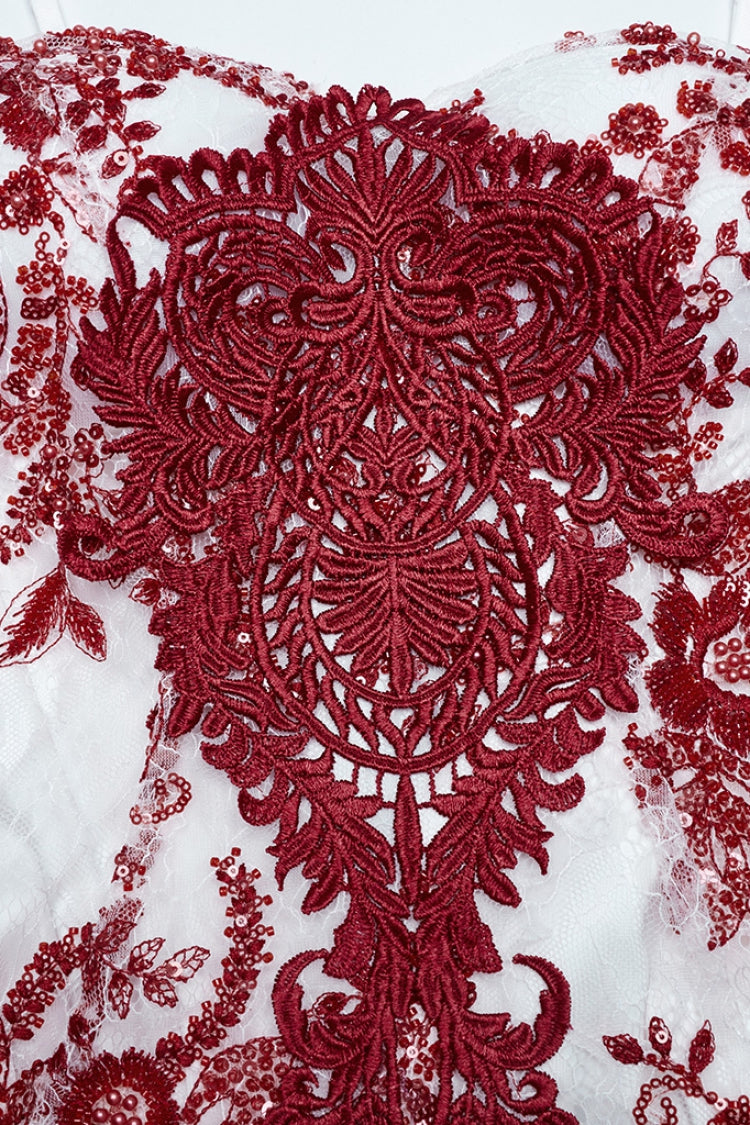 Crimson Fishtail Gown with Embroidered Lace and Slim Silhouette