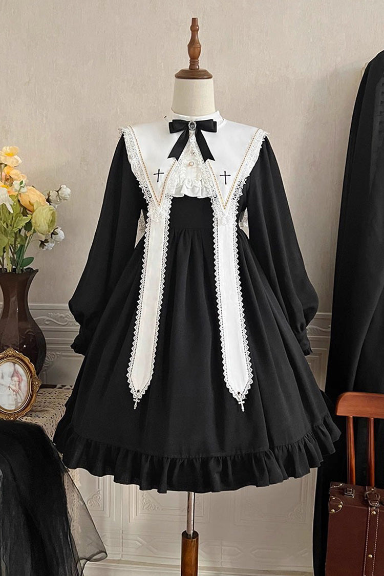 Elegant Nun-Inspired Gothic Dress with Ruffled Bow and Lace, Long Sleeves
