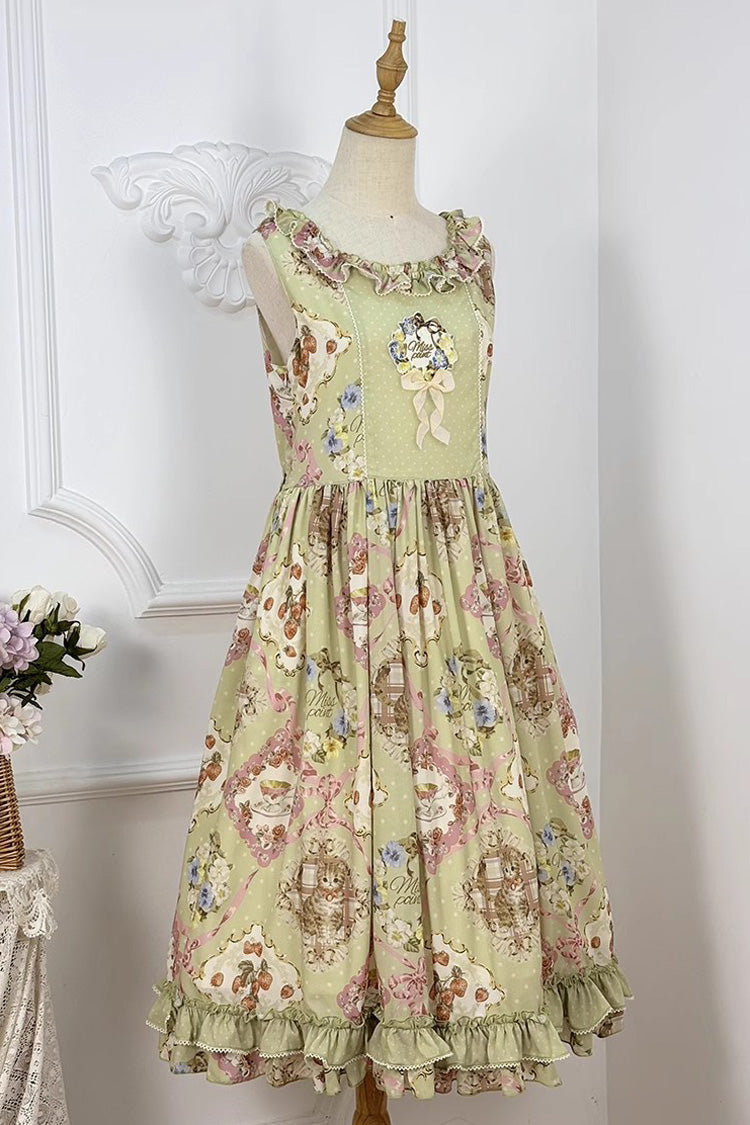 Emerald Cat Rose Tea Sleeveless Floral Ruffle Bow Sweet Lolita Jumper