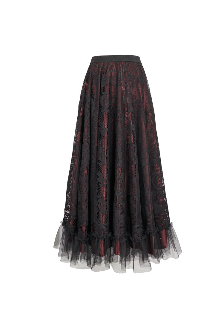 Crimson Noir Lace Flower Mesh Paneled Ruffle Swing Gothic Skirt