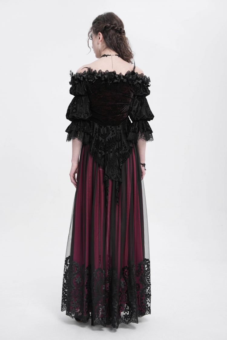 Crimson Gothic Blouse with Ruffled Sleeves and Lace-Up Front