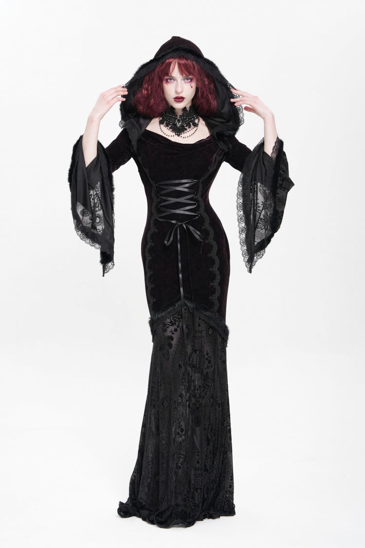 Crimson & Noir Long Flared Sleeve Embroidered Stitched Hooded Mesh Gothic Dress