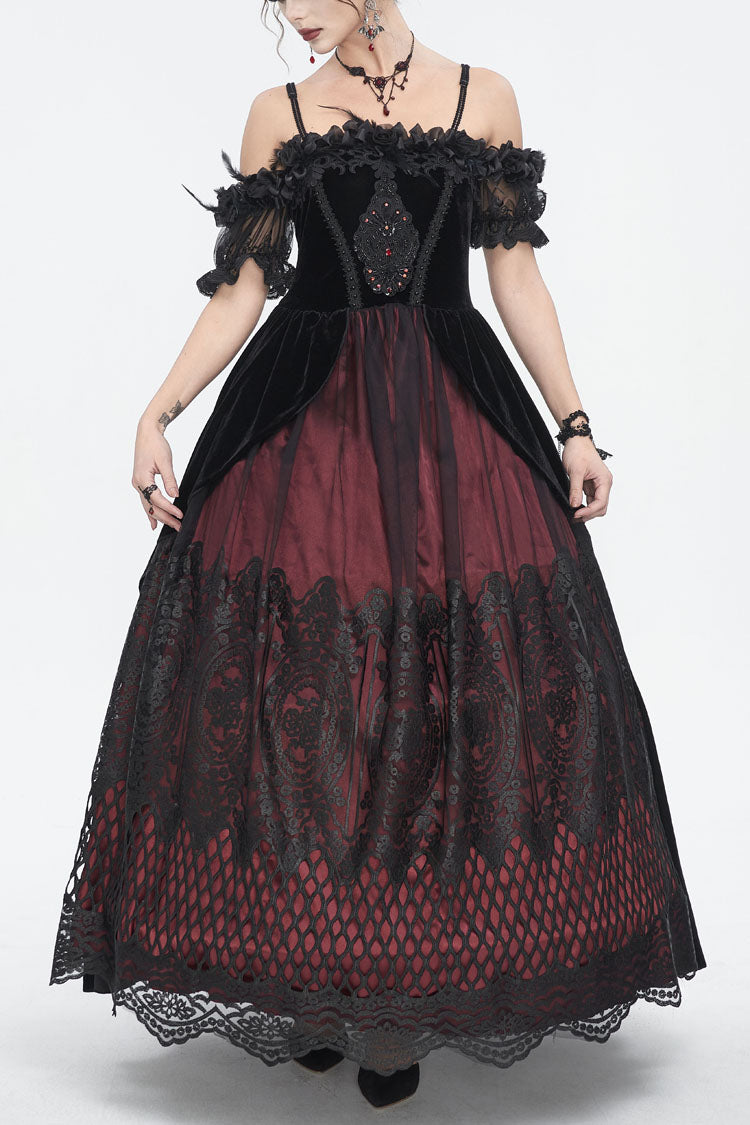 Crimson Gothic Dress with High Waist and Floral Lace Print