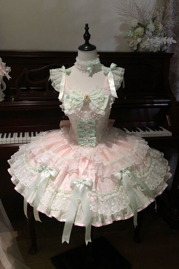 Candy Satin Ballet Square Collar Sleeveless Multi-Layer Ruffle Bow Pearl Lolita JSK