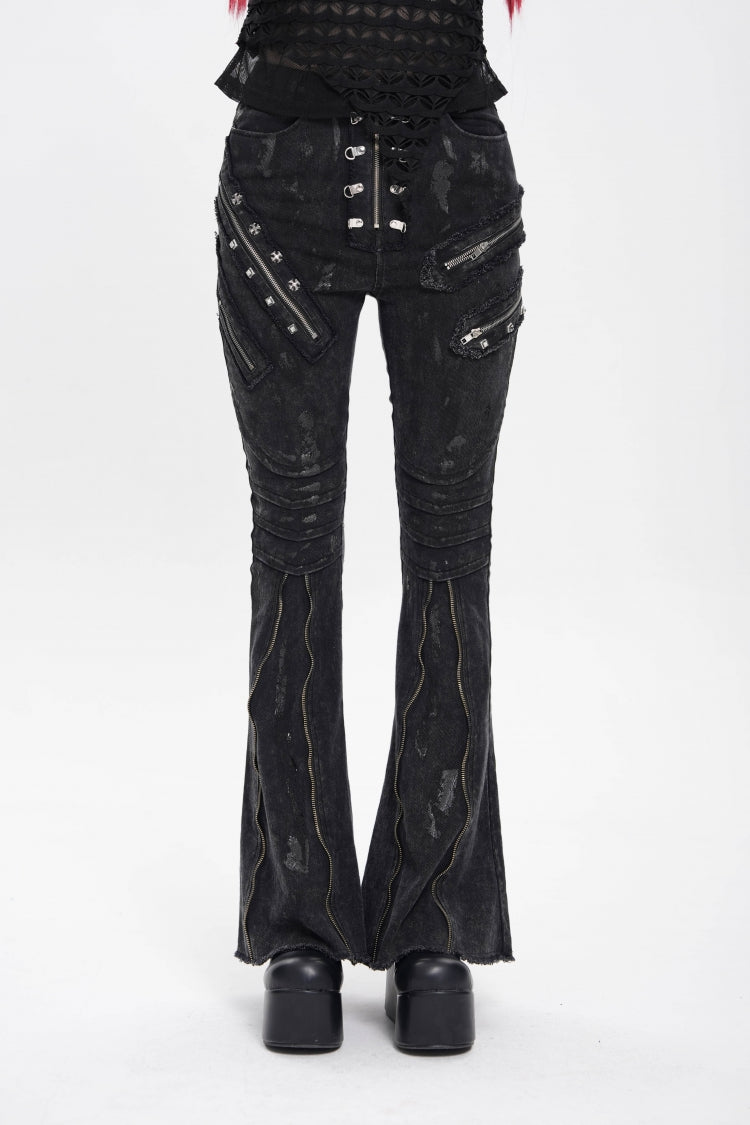 Edgy Flared Trousers with Zips and Pleats for Women - Noir