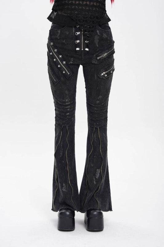 Edgy Flared Trousers with Zips and Pleats for Women - Noir