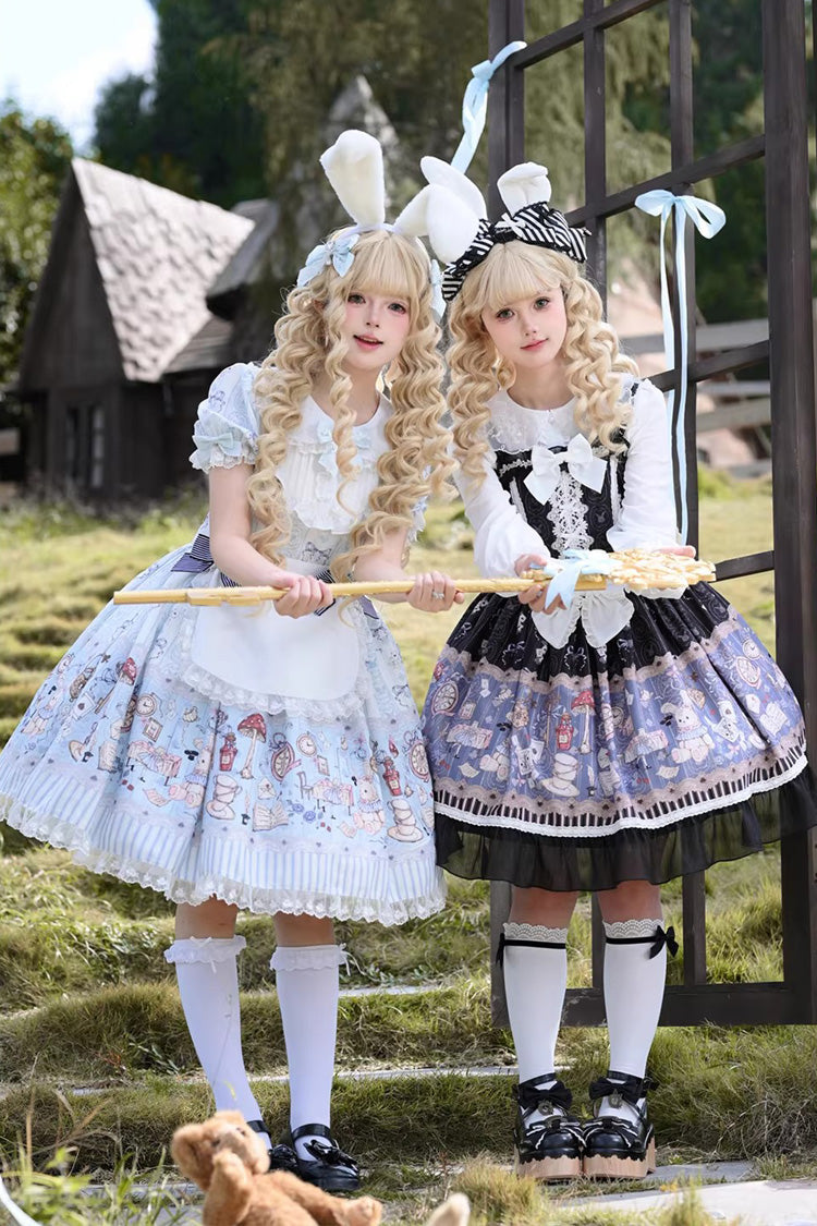 Square Collar Sleeveless Printed Bow Gothic Dress - Alice's Fantasy Tale