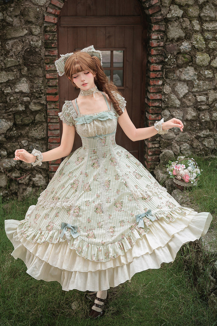 Emerald An Encounter with Austin Square Collar Short Sleeve Multi Rose Printed Ruffled Bow Lace Sweet Lolita Gown
