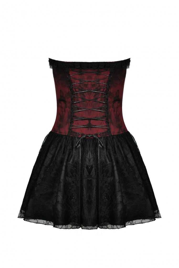 Burgundy Off-Shoulder Lace Lace-Up Zippered Gothic Strapless Graduation Gown