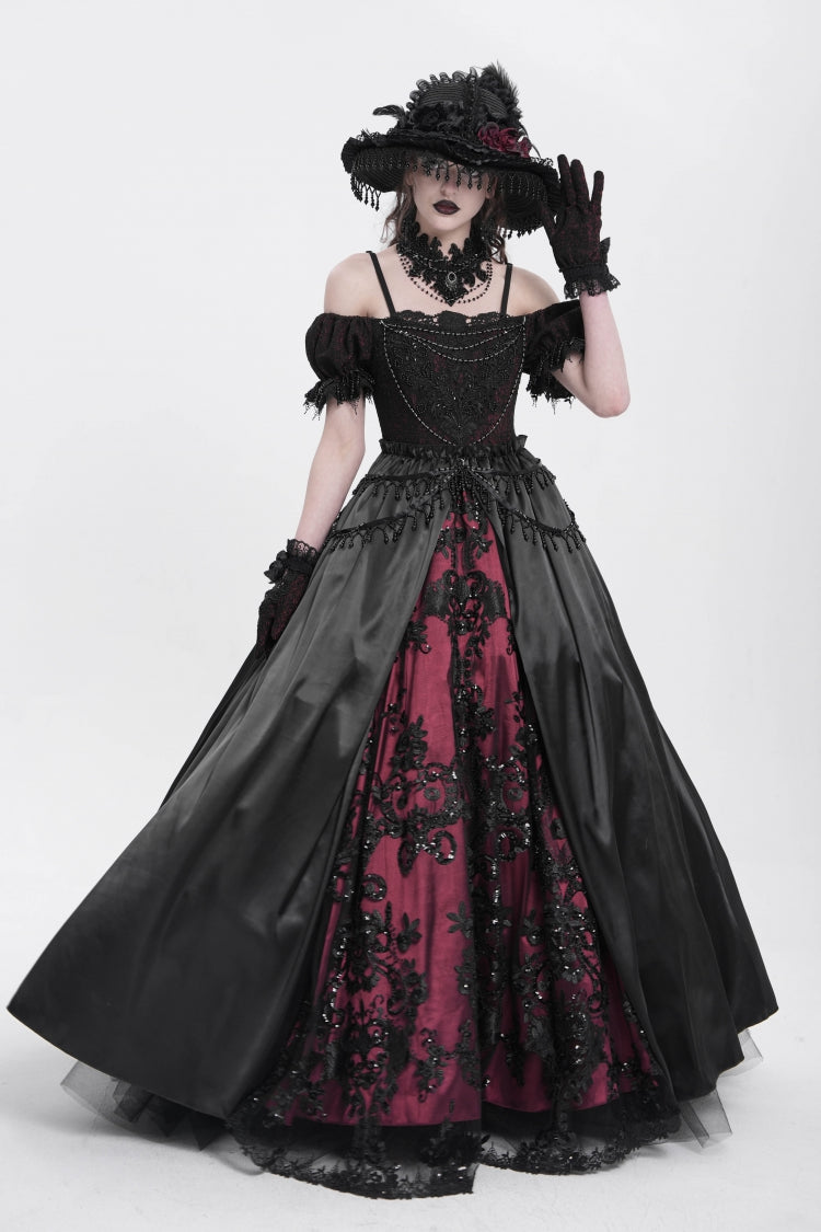 Crimson & Noir Off-Shoulder Embroidered Stitched Lace Gothic Dress