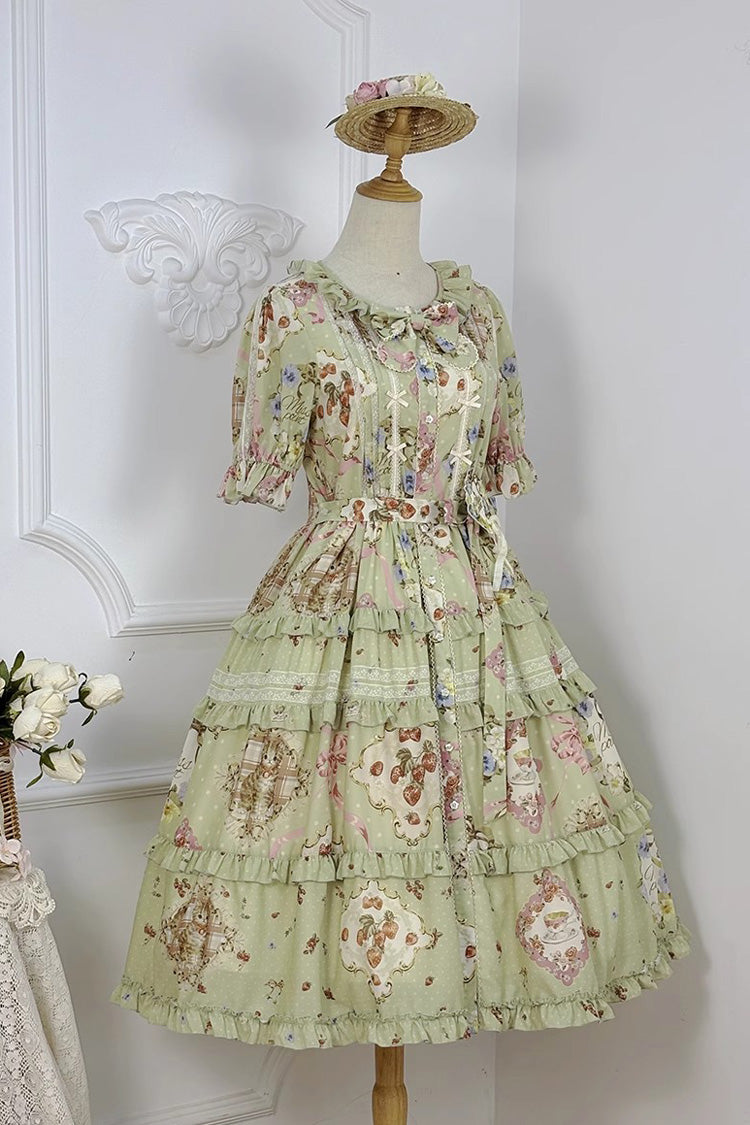 Emerald Cat Rose Tea Short Sleeve Printed Ruffle Cardigan Bow Daily Lolita Gown