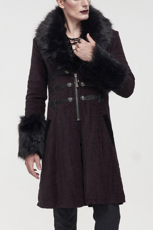Wine Vintage Button Fur-Collar Gothic Men's Coat