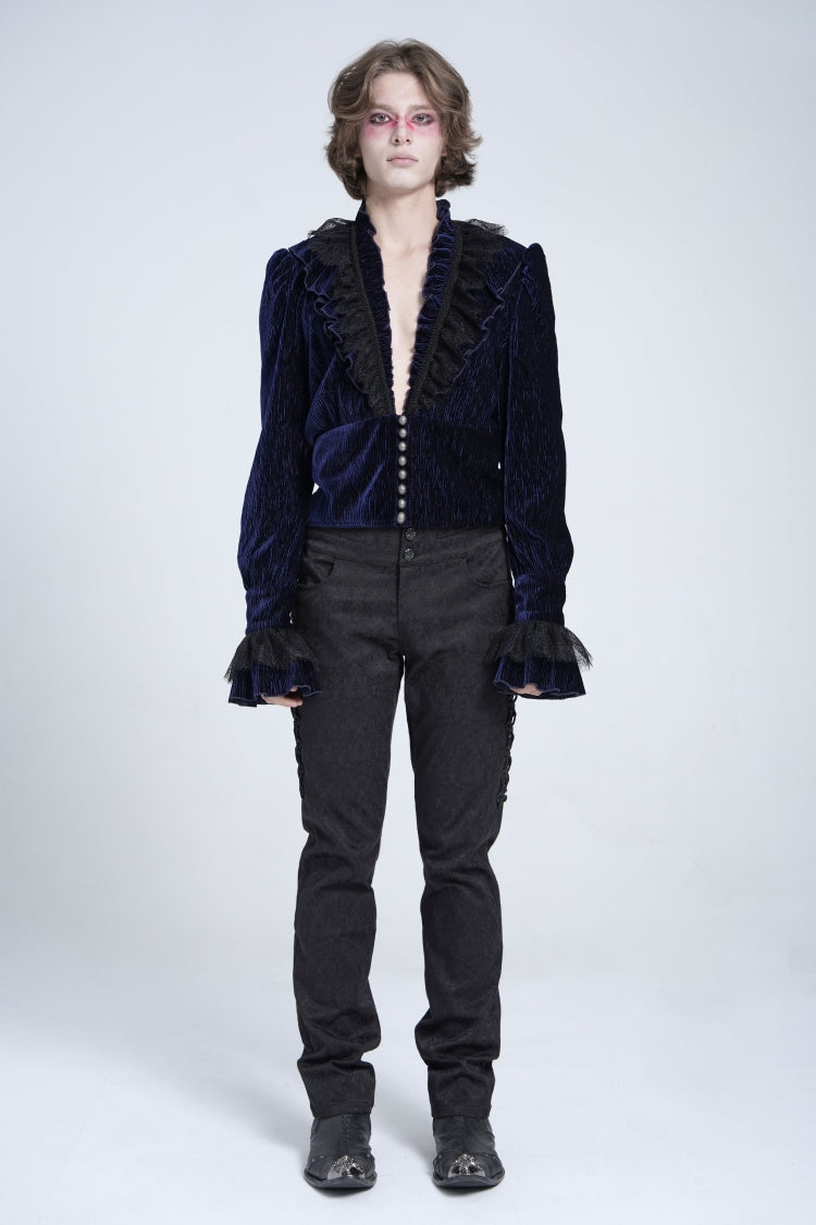 Azure V-Neck Long Sleeve Ruffle Trim Lace Gothic Men's Shirt