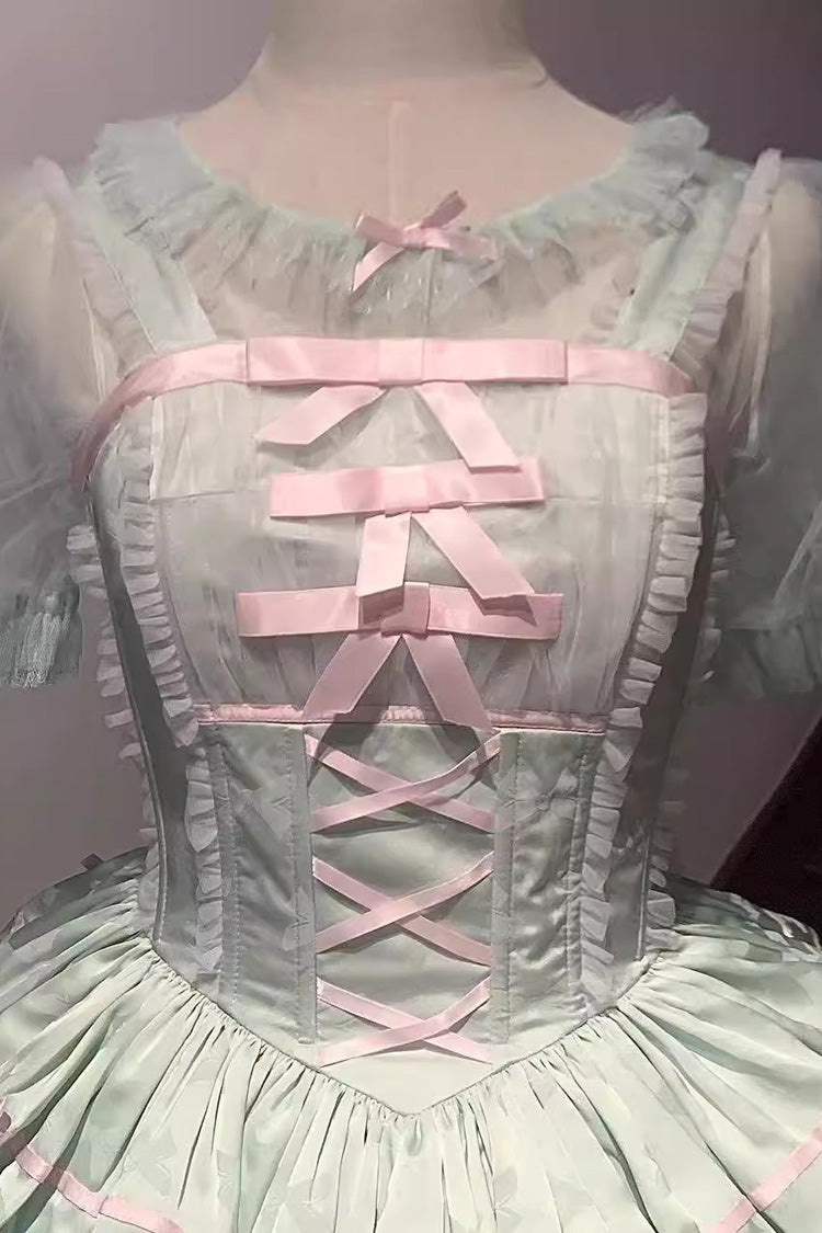 Emerald Triple Ruffle Bow Lace Fishbone Sweet Ballet Lolita Jumper with Shirt