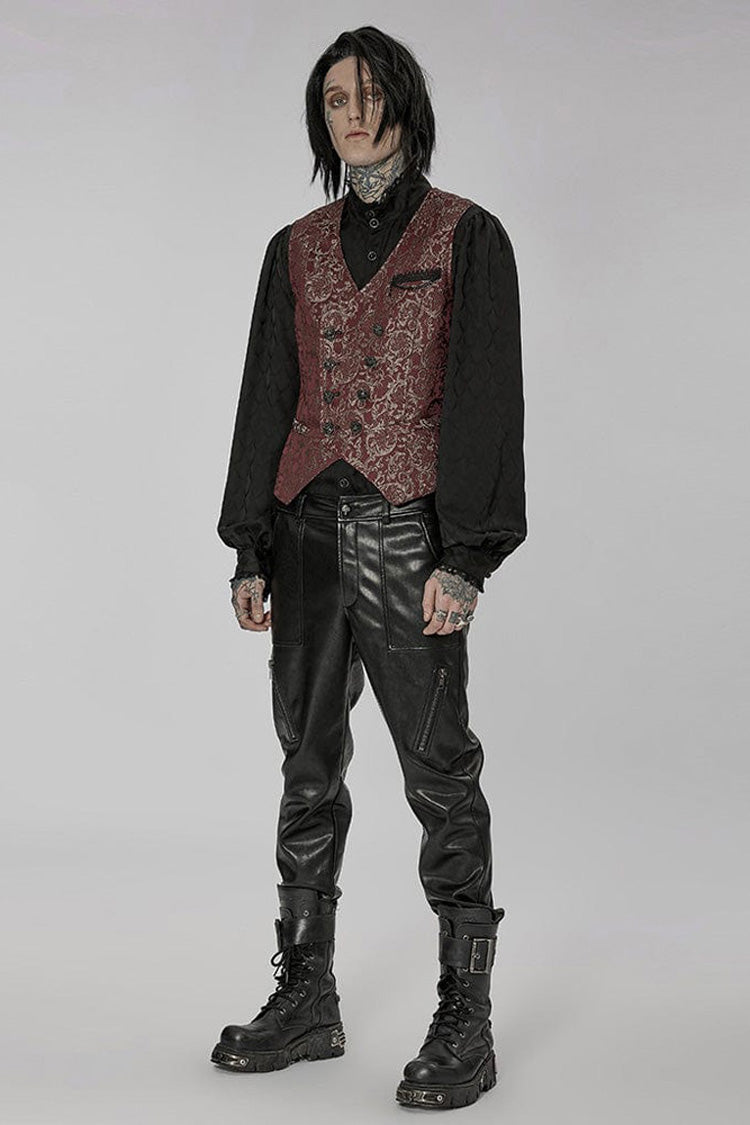 Crimson V-Neck Sculpted Jacquard Vest with Double Button Row