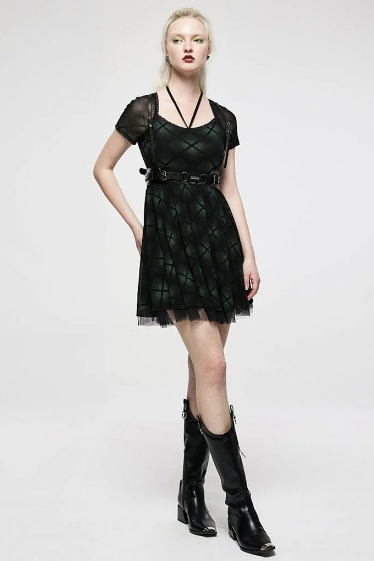 Emerald Short Sleeve Plaid Print Stitched Mesh Punk Dress for Women