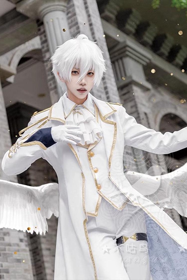 White Angelic Prince Elegant Ouji Lolita Ensemble with Coat, Shirt, Trousers, Waistcoat, Scarf