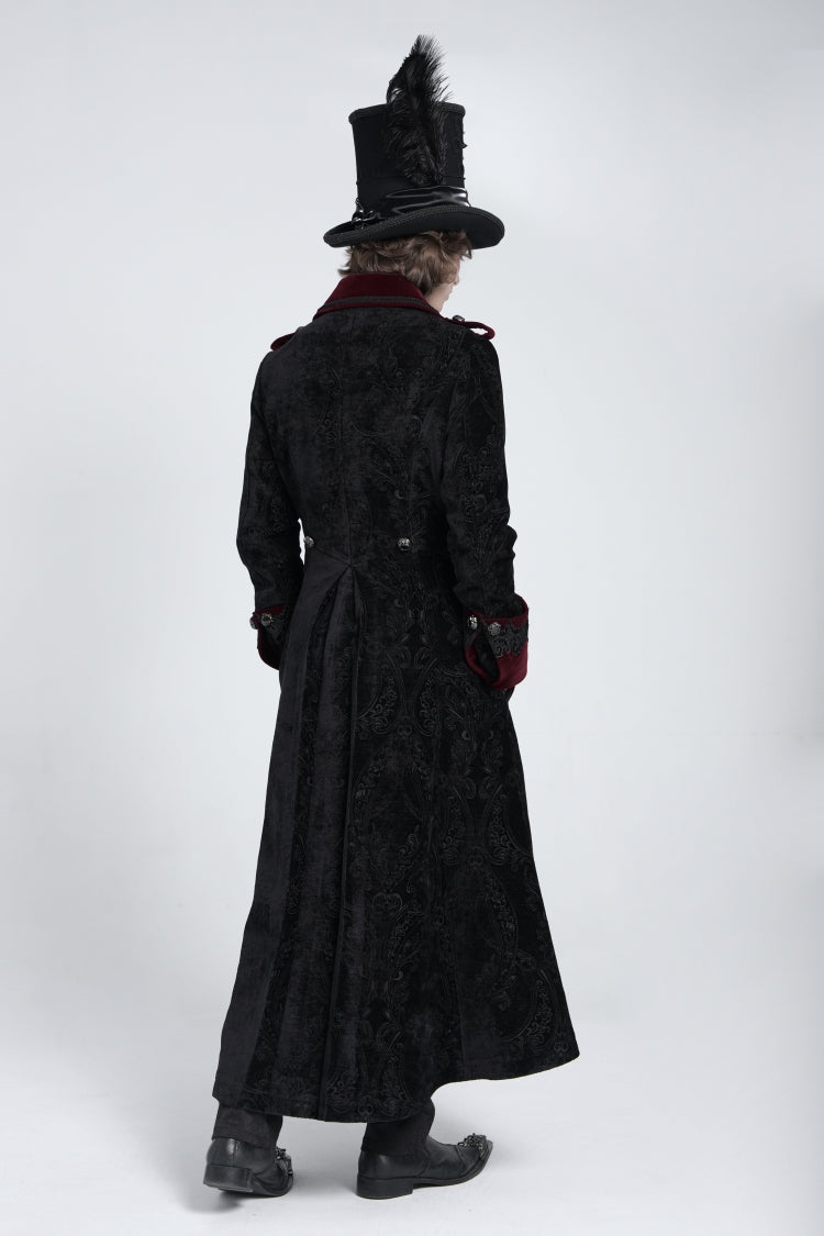 Crimson Noir Zipper Embroidery Lapel Collar Men's Gothic Coat