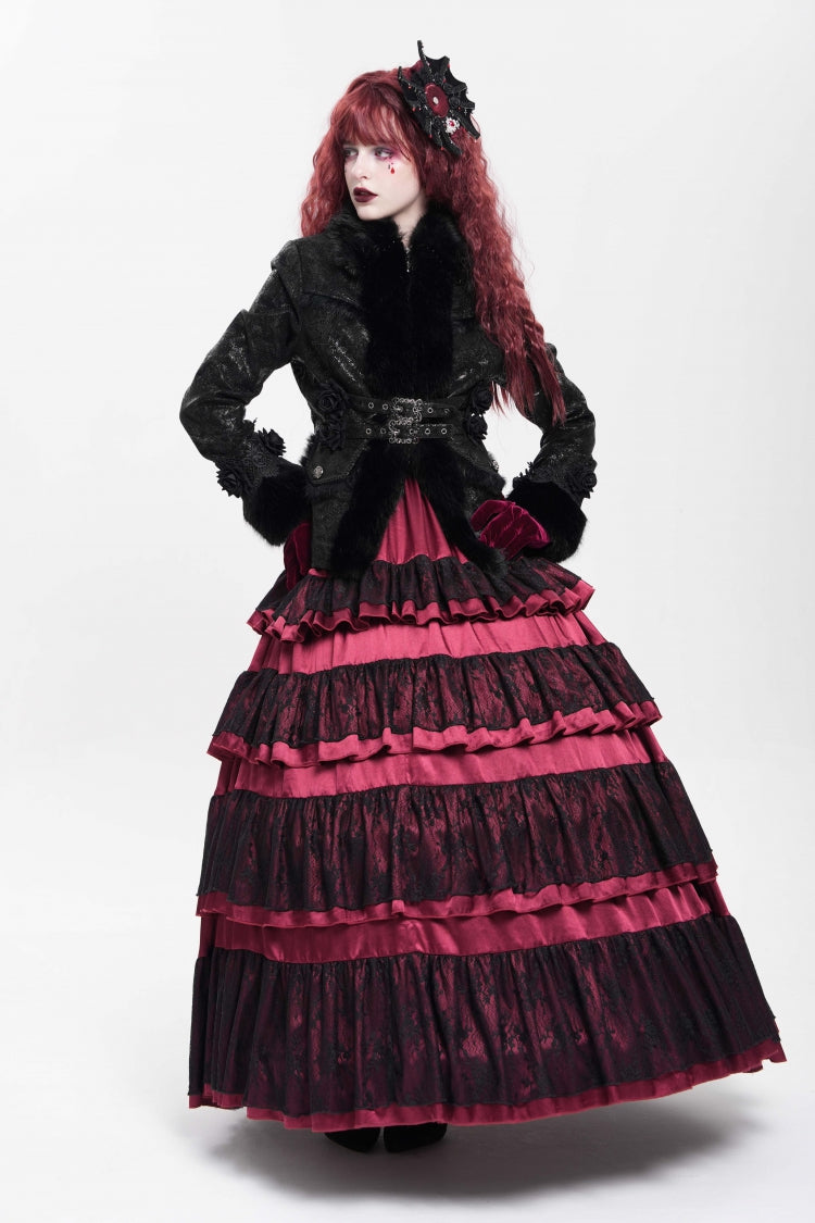 Victorian Gothic Coat with Rose Floral Embroidery and Buckle Straps, Long Sleeve