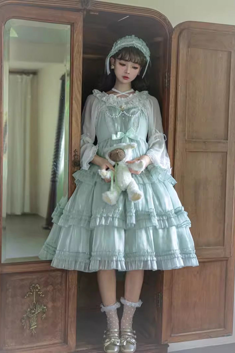 Emerald Starry Gauze Love Song Triple Ruffle Bow Sweet Lolita Tiered JSK Dress