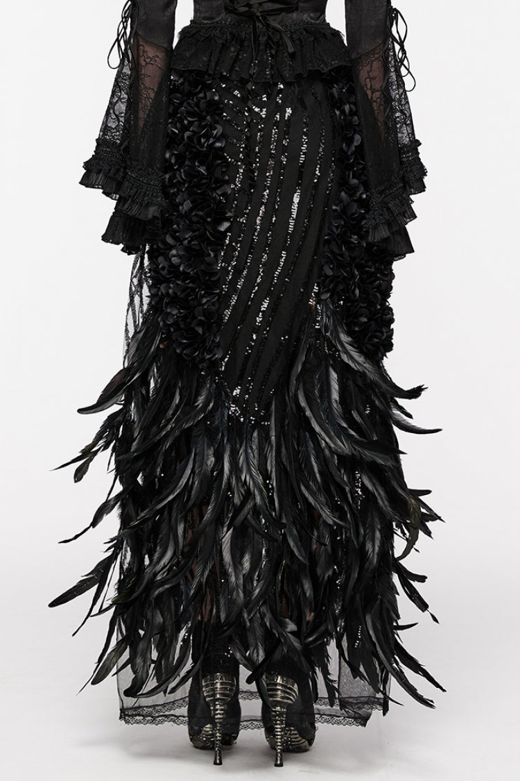 Gothic Skirt with Sequin and Feather Details for Women - Noir