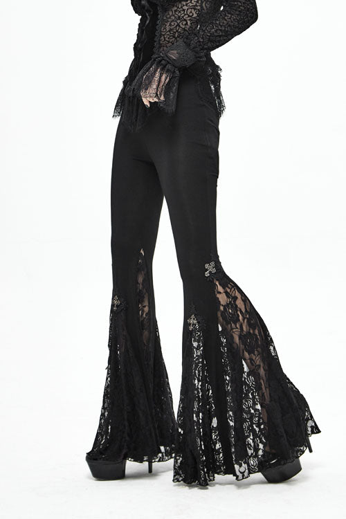 Women's Gothic Pants with Knit Lace Bell Bottoms and Cross Detail