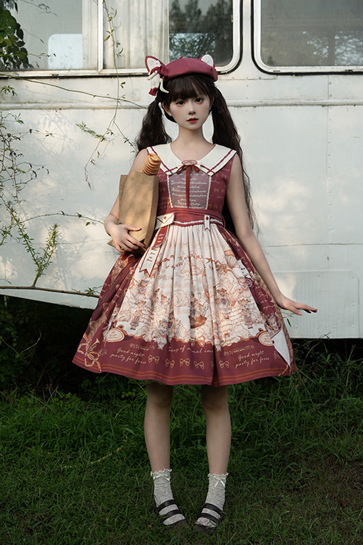 Burgundy Fox Band Print Square Collar Bow Classic Lolita Jumper Dress