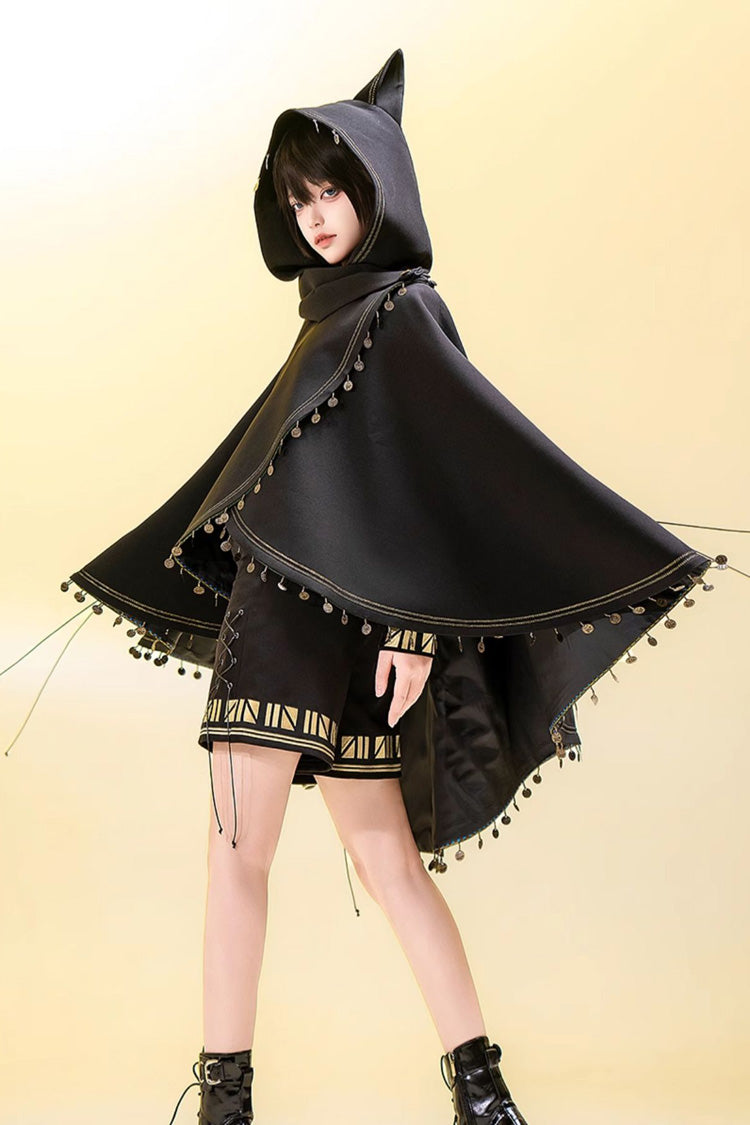 Hooded Ouji Gothic Cloak with Cat Ears Embroidery - Black Cat