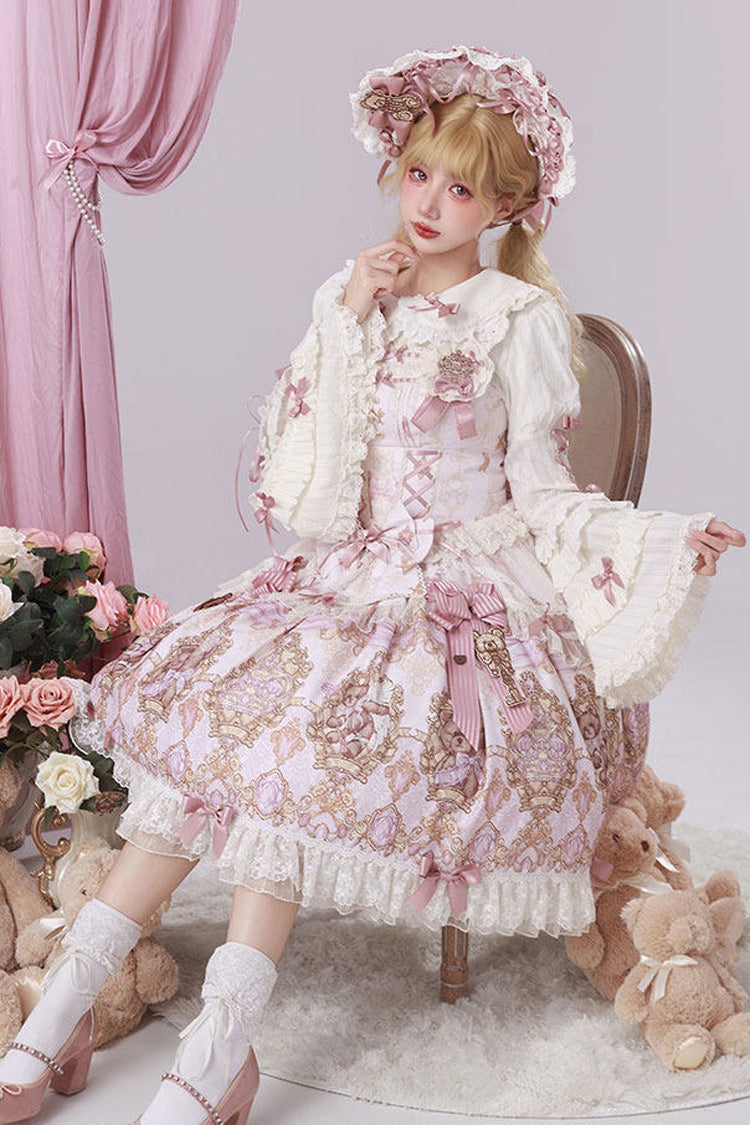 Antique Teddy Bear Sleeveless Printed Bow Lace JSK, Sweet Elegant Lolita