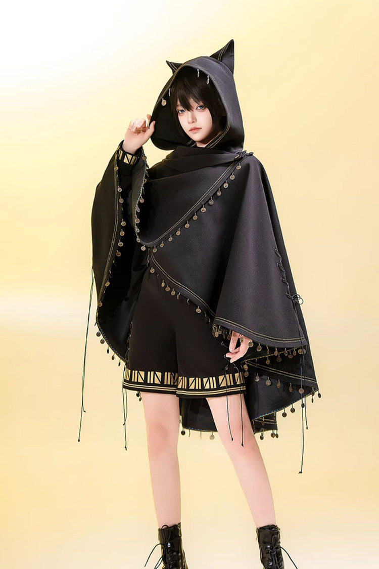 Hooded Ouji Gothic Cloak with Cat Ears Embroidery - Black Cat