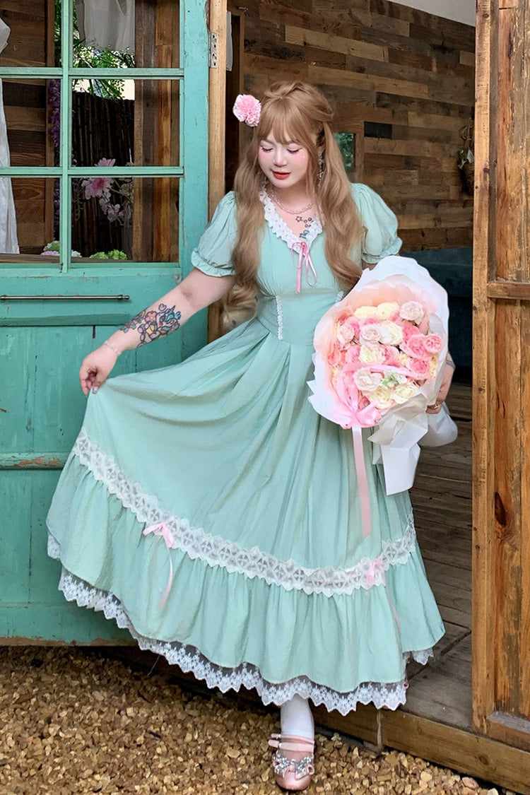 Emerald V Collar Short Sleeve Ruffled Lace Sweet Plus Size Lolita Gown