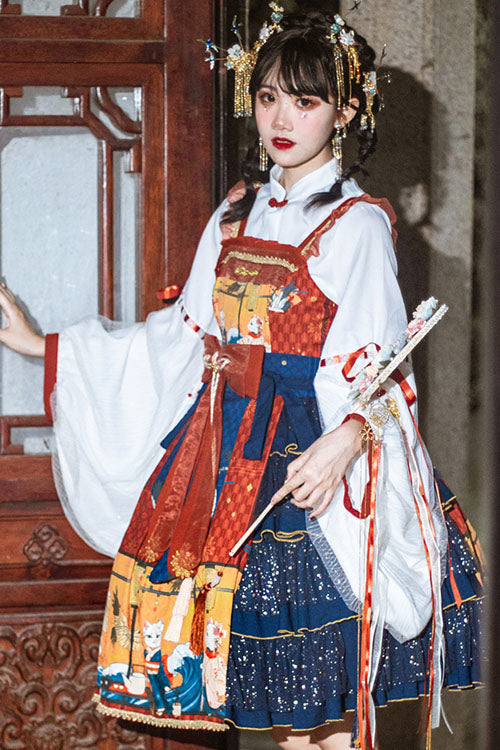 Azure Ukiyoe Feline Wave Print Strapless Layered Lolita Jumper Dress