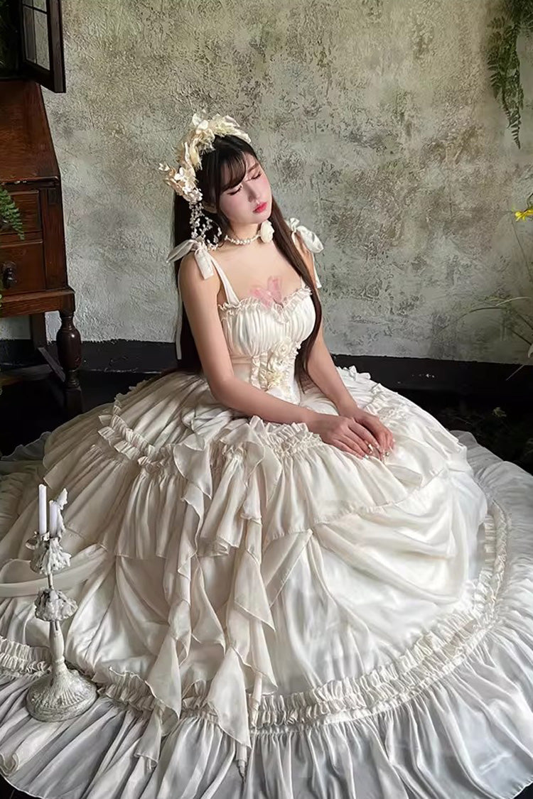Antique Bride Sleeveless Multi-Layered Ruffled Bow Lace Sweet Elegant Gorgeous Full Skirt Lolita Jsk Dress