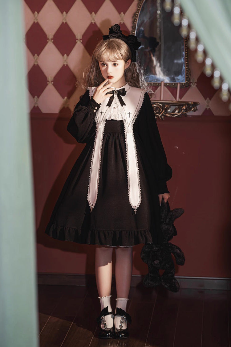 Elegant Nun-Inspired Gothic Dress with Ruffled Bow and Lace, Long Sleeves