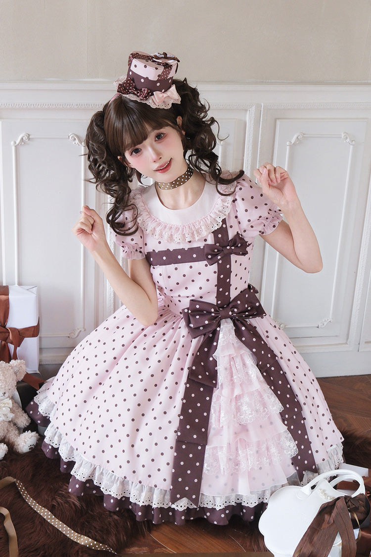 Canelé Gift Box Round Collar Short-Sleeve Polka Dot Ruffle Open Bow Asymmetric Lolita Dress