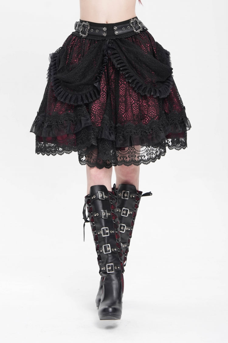 Crimson & Noir Multi-Layer Ruffled Buckle Strap Gothic Skirt