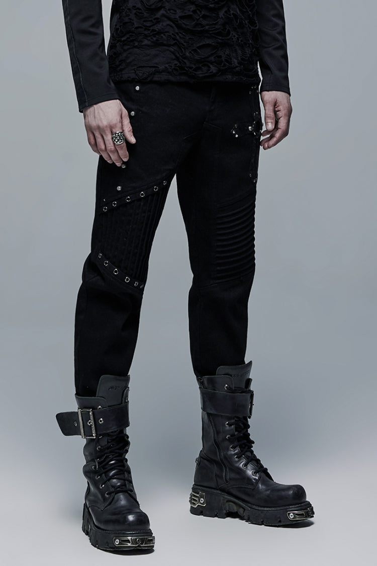 Men's Steampunk Pants with Ripped Details and Cross Decoration