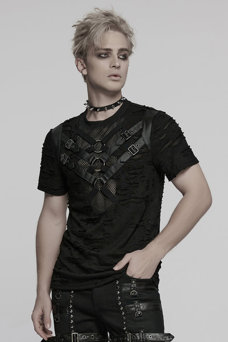 Ripped Strap T-Shirt with Mesh Stitching for Men