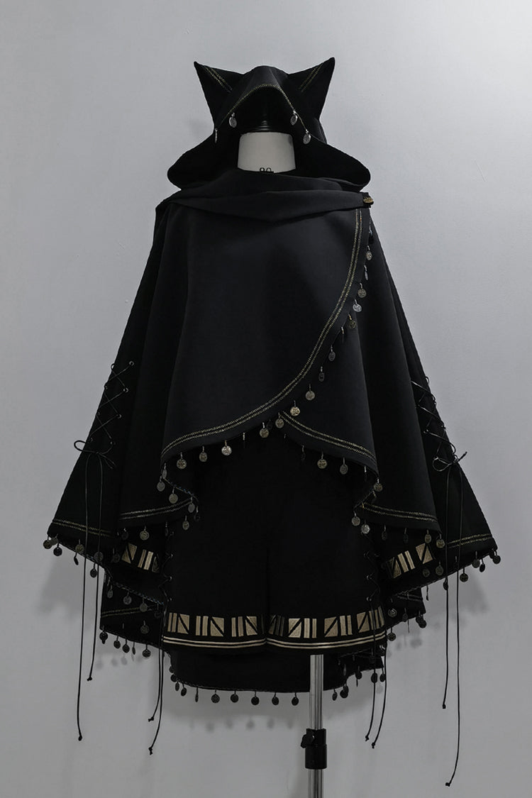 Embroidered Ouji Gothic Vintage Shorts with Print - Black Cat