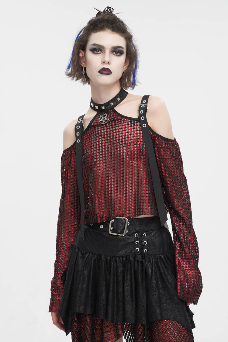 Crimson Gothic Crop Top with Buckle Details and Sheer Fabric