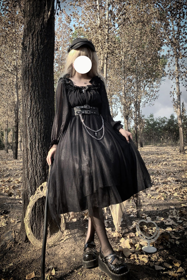 Gothic Plus-Size Lace Dress with Ruffle Bow Accents and Stitching, Long Sleeve