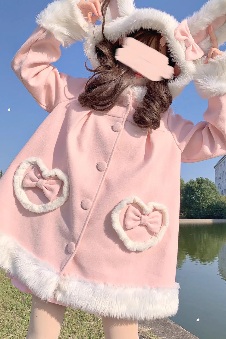 Woolen Rabbit Ears Single-Breasted Bowknot Coat, Sweet Princess Lolita Style