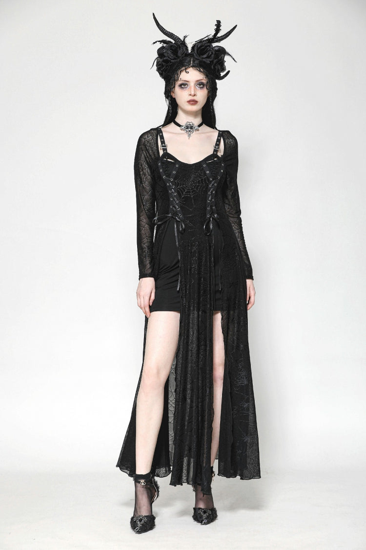 Elegant Witch Long Dress with Spiderweb Lace-Up and Extended Sleeves