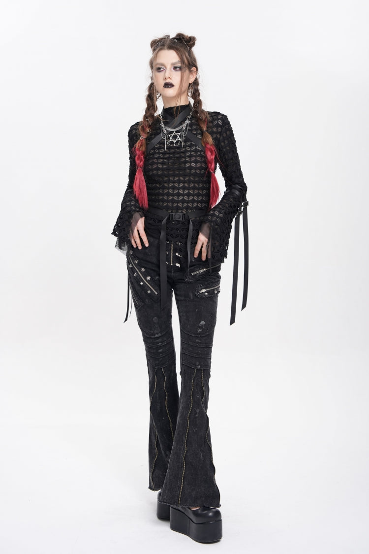 Edgy Flared Trousers with Zips and Pleats for Women - Noir