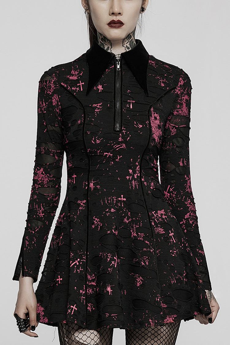 Crimson & Noir Long Sleeve Printed Fitted Distressed Tie-Dye Gothic Dress