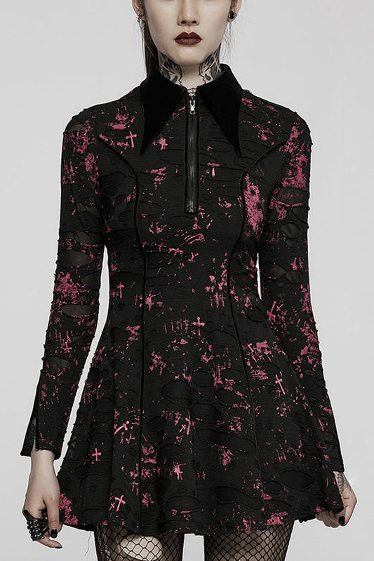 Crimson & Noir Long Sleeve Printed Fitted Distressed Tie-Dye Gothic Dress