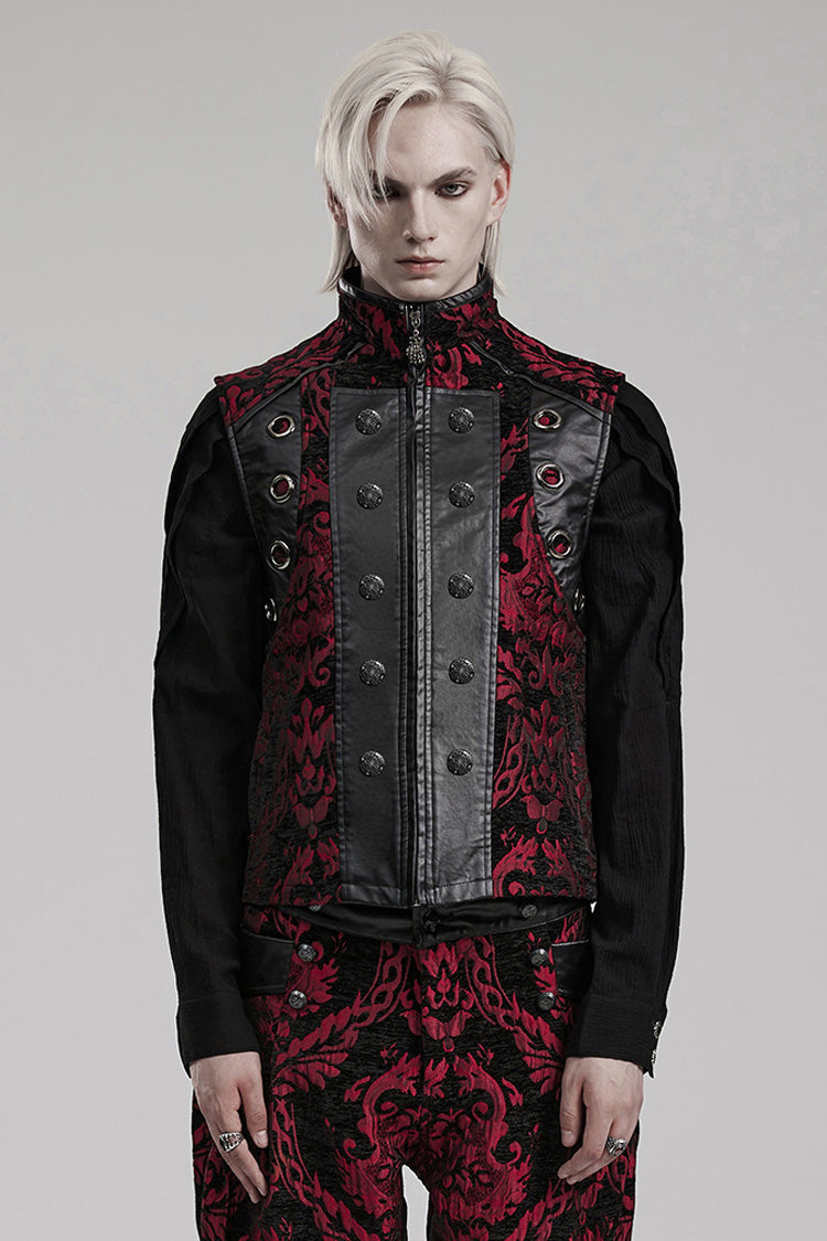 Crimson & Noir Men's Stand Collar Jacquard Print Stitched Metal Ring Gothic Vest