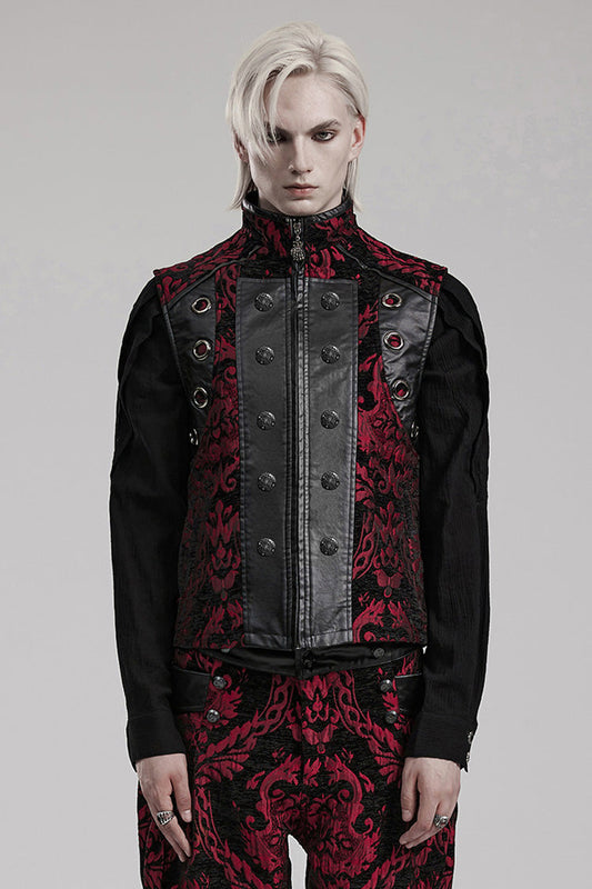 Crimson & Noir Men's Stand Collar Jacquard Print Stitched Metal Ring Gothic Vest
