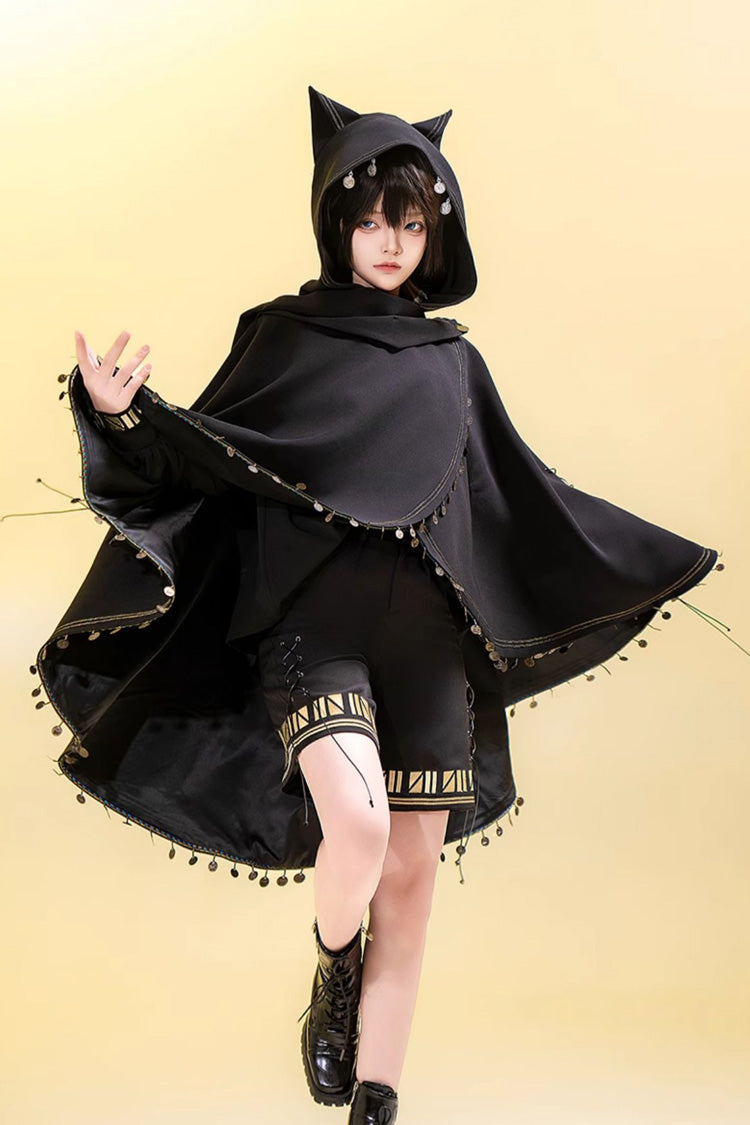Hooded Ouji Gothic Cloak with Cat Ears Embroidery - Black Cat